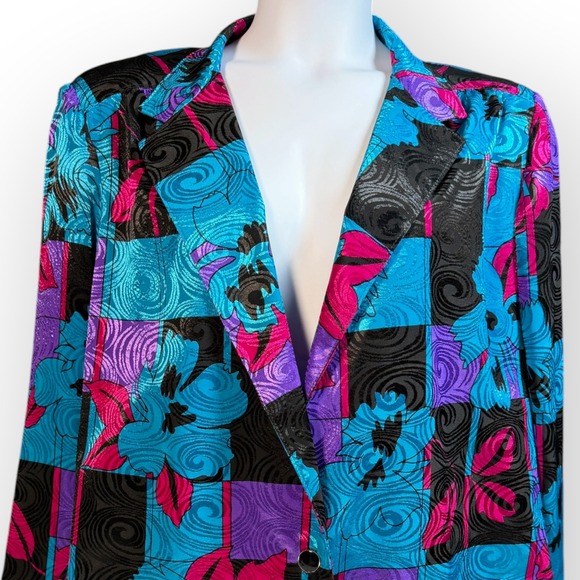 Tan Jay Jackets & Blazers - Vtg Tan Jay Silky Bright 80s Floral Geometric Blazer Plus 24W USA Dopamine Teal